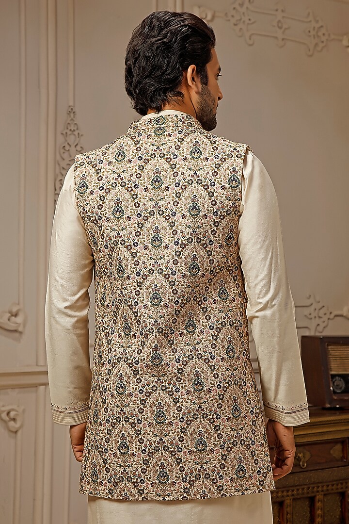 Cream Tussar Silk Floral Embroidered Wedding Indowestern Set by Vanshik at Pernia's Pop Up Shop