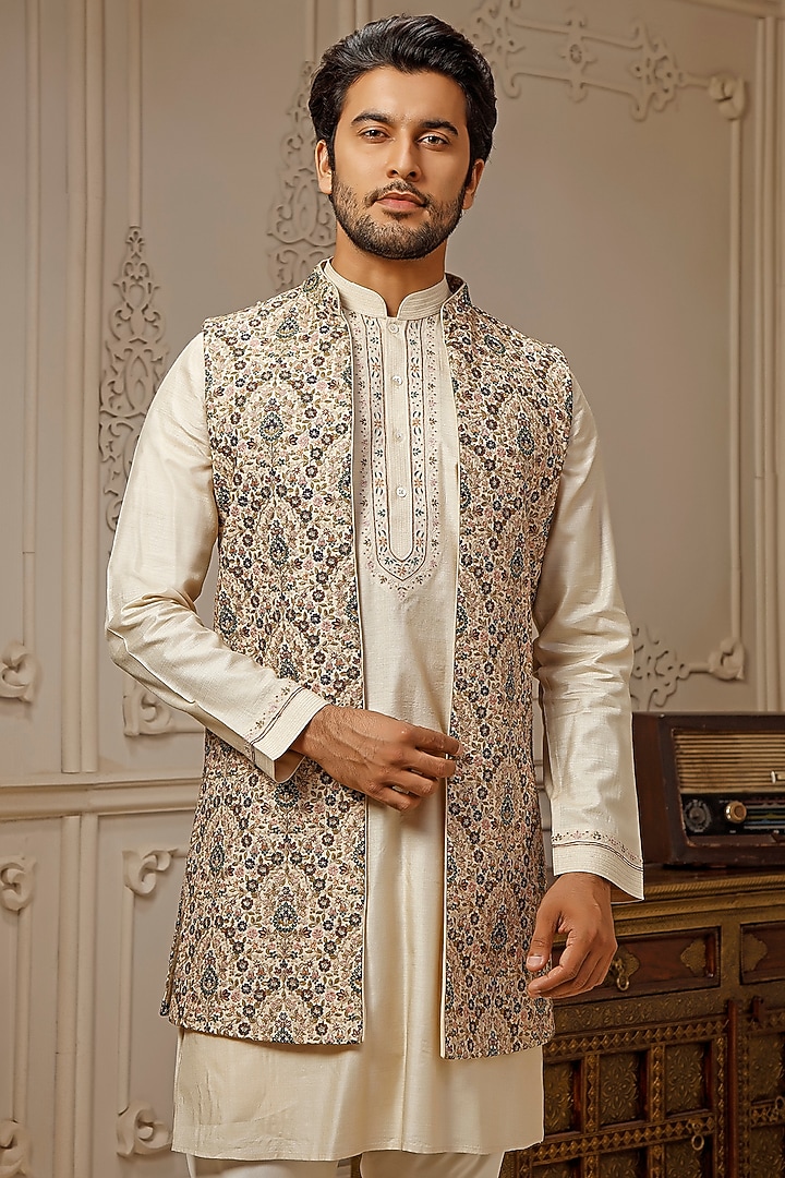Cream Tussar Silk Floral Embroidered Wedding Indowestern Set by Vanshik at Pernia's Pop Up Shop
