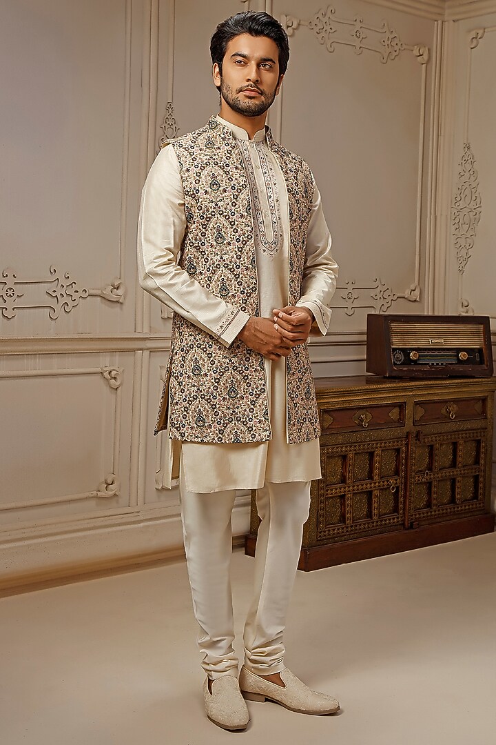 Cream Tussar Silk Floral Embroidered Wedding Indowestern Set by Vanshik at Pernia's Pop Up Shop
