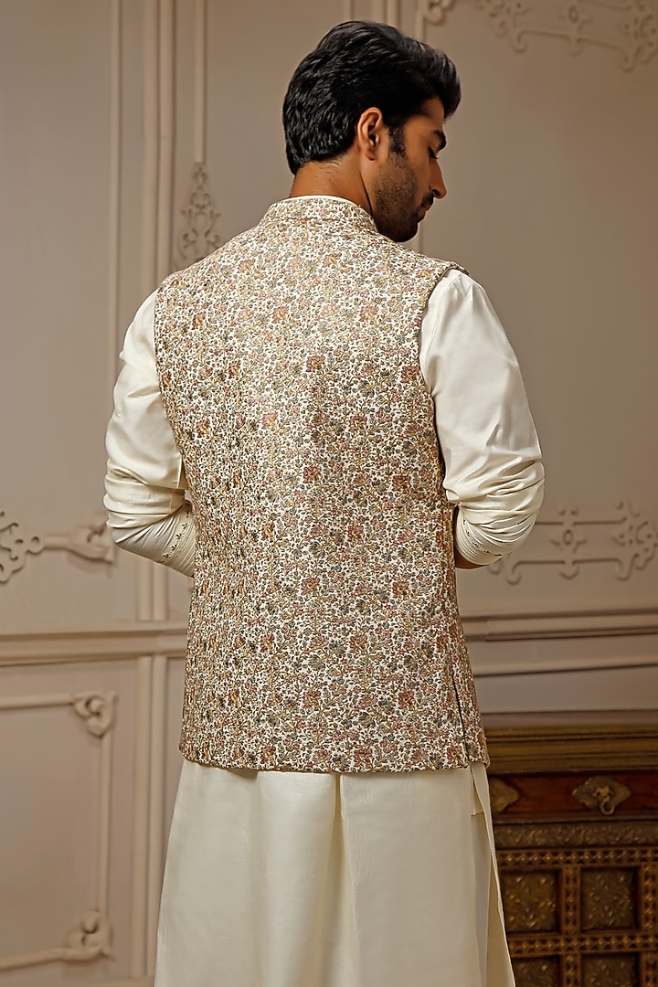 Ivory Tussar Silk Floral Embroidered Wedding Indowestern Set by Vanshik at Pernia's Pop Up Shop