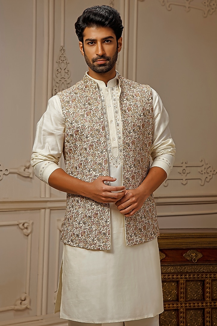 Ivory Tussar Silk Floral Embroidered Wedding Indowestern Set by Vanshik at Pernia's Pop Up Shop