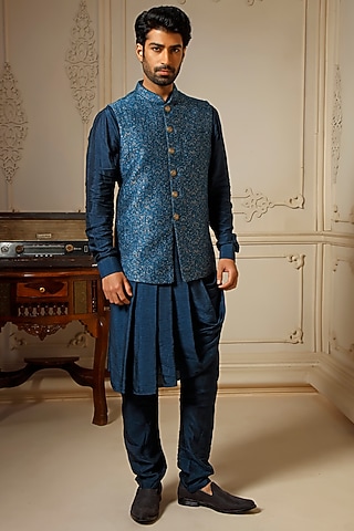 Teal Pashmina Blend Bundi Jacket Set by Vanshik