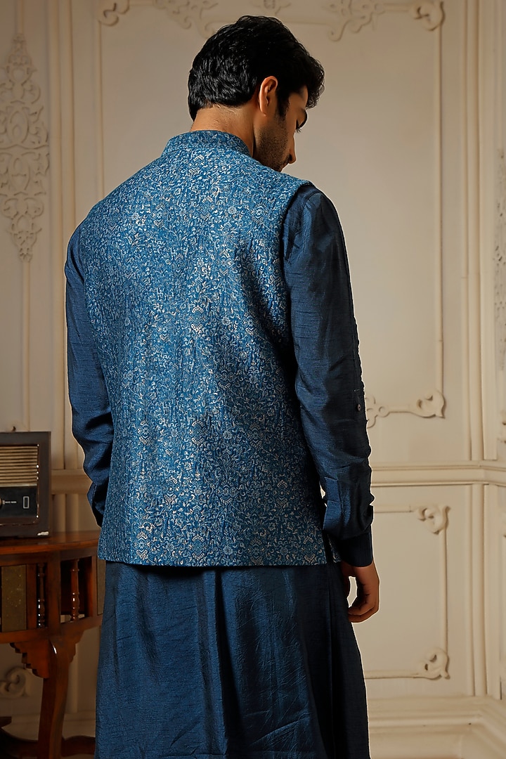 Teal Pashmina Blend Bundi Jacket Set by Vanshik at Pernia's Pop Up Shop