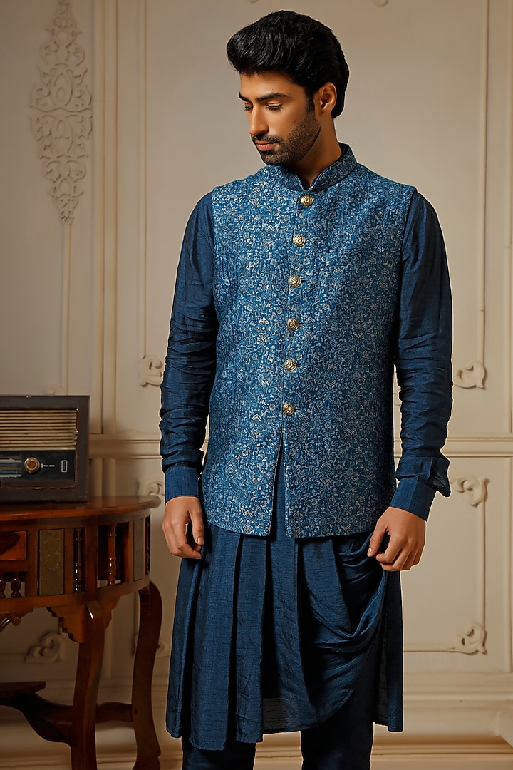 Teal Pashmina Blend Bundi Jacket Set by Vanshik at Pernia's Pop Up Shop