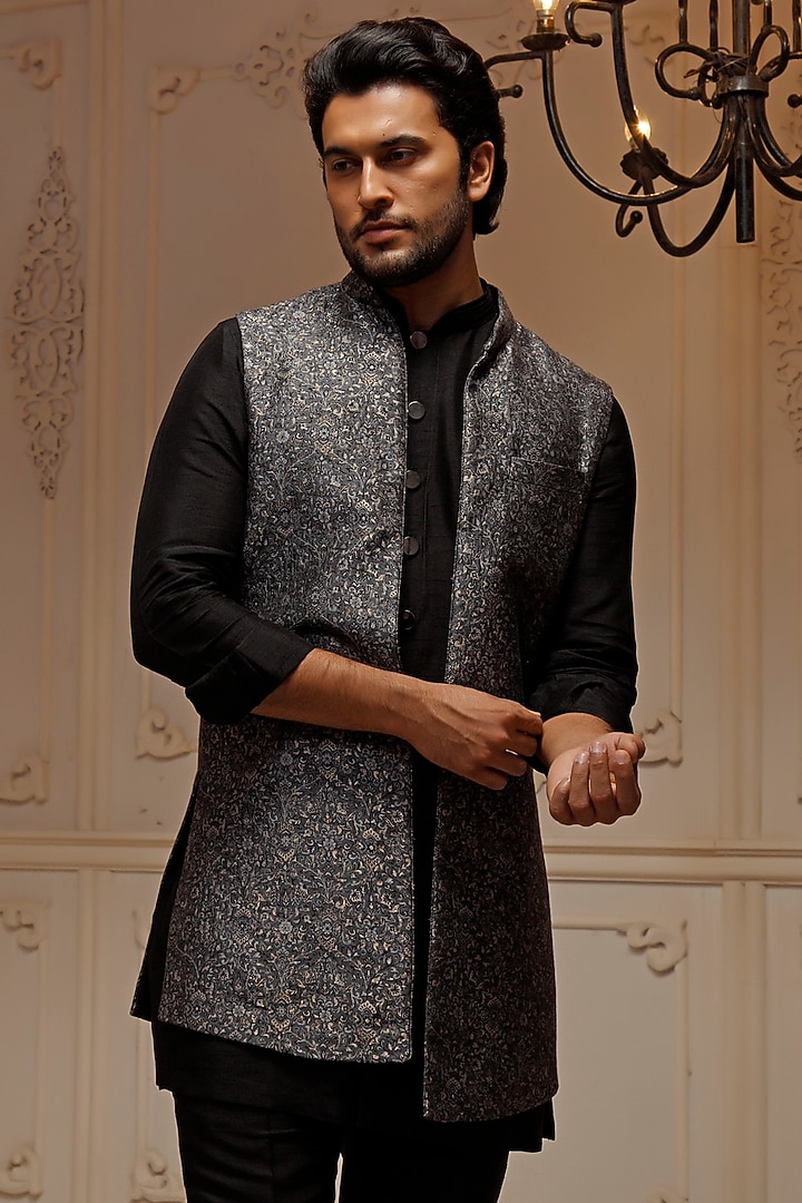 Grey Pashmina Blend Wedding Indowestern Set by Vanshik at Pernia's Pop Up Shop