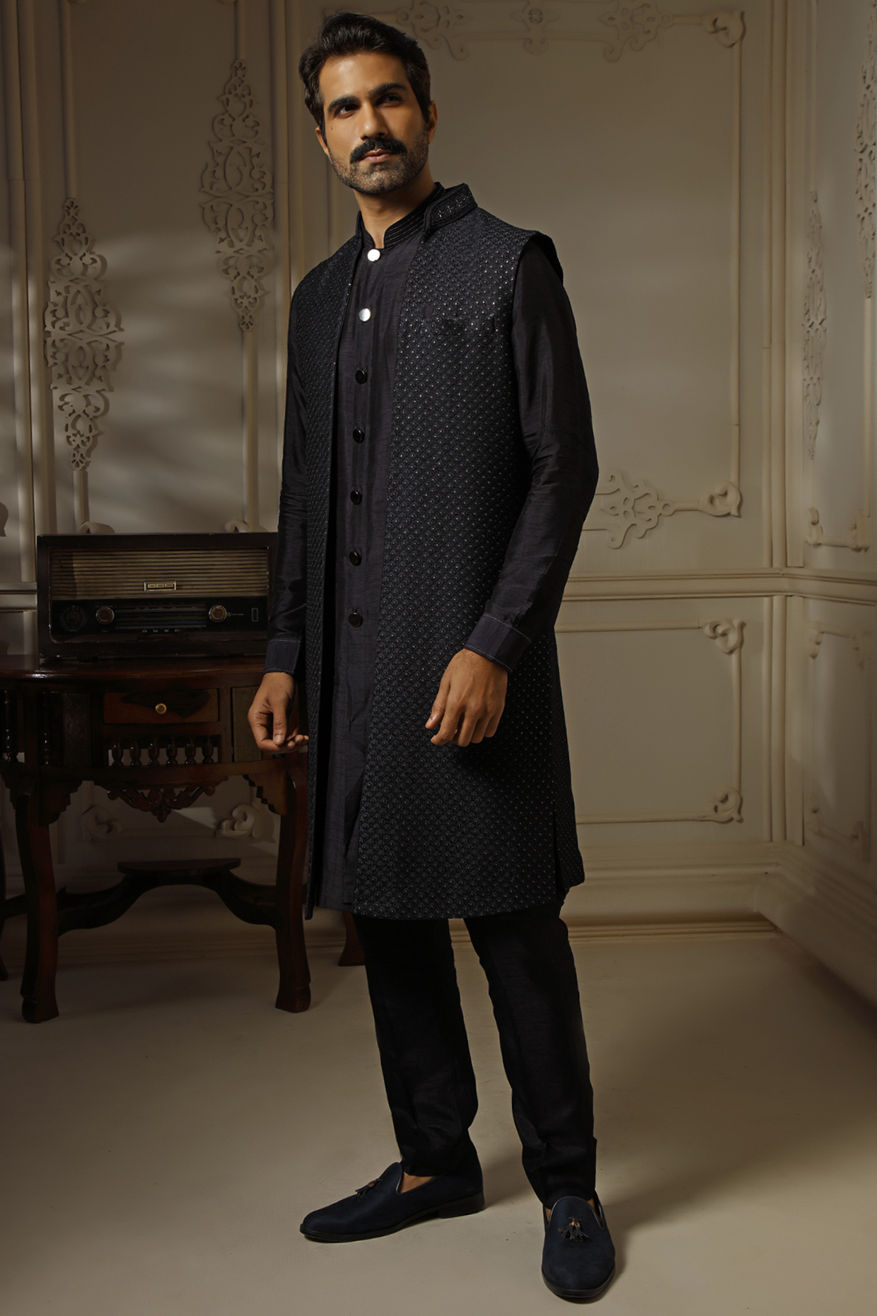 Navy Blue Soft Silk Resham Wedding Indowestern Set by Vanshik at Pernia's Pop Up Shop
