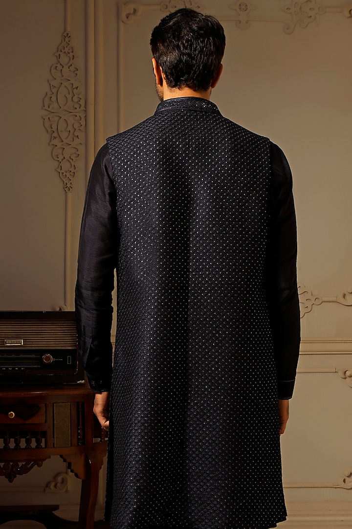 Navy Blue Soft Silk Resham Wedding Indowestern Set by Vanshik at Pernia's Pop Up Shop