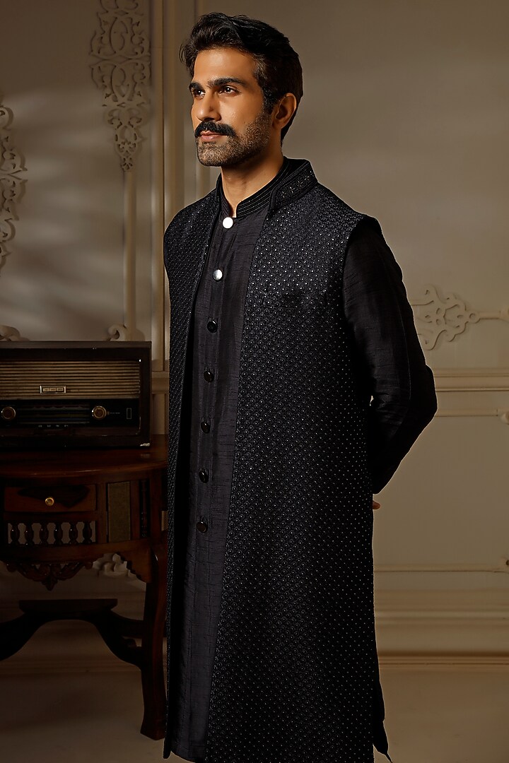 Navy Blue Soft Silk Resham Wedding Indowestern Set by Vanshik at Pernia's Pop Up Shop