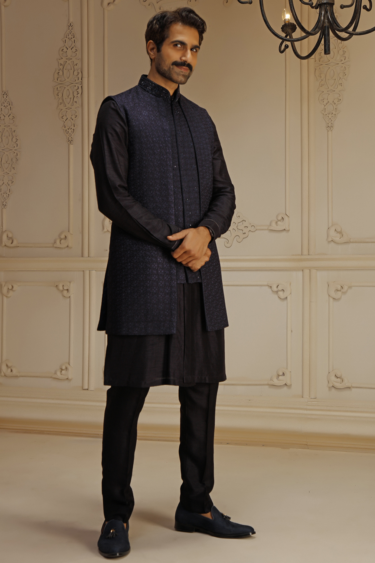 Blue Dupion Silk Hand Embroidered Indowestern Set by Vanshik