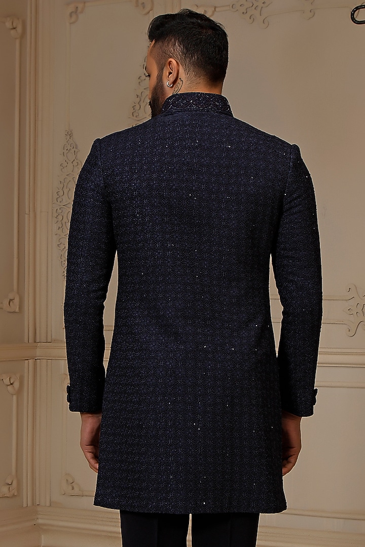 Blue Dupion Silk Hand Embroidered Wedding Indowestern Set by Vanshik at Pernia's Pop Up Shop