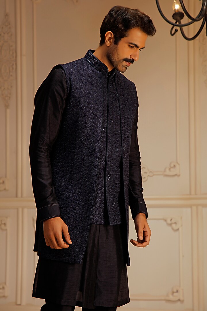 Blue Dupion Silk Hand Embroidered Wedding Indowestern Set by Vanshik at Pernia's Pop Up Shop