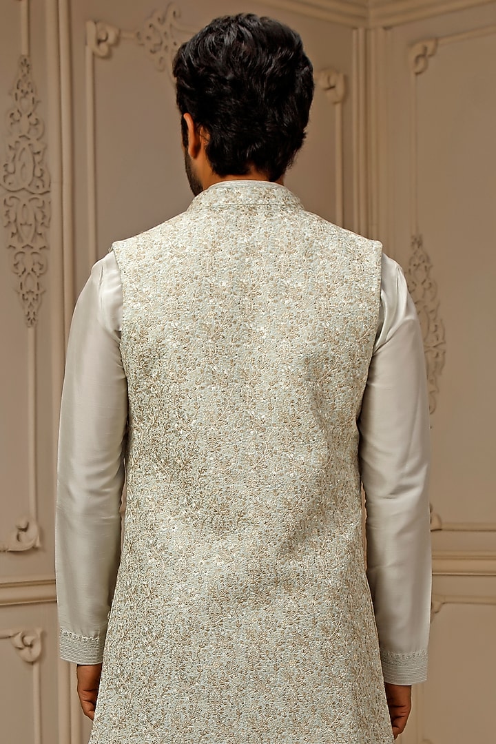 Mint Tussar Silk Floral Embroidered Wedding Indowestern Set by Vanshik at Pernia's Pop Up Shop