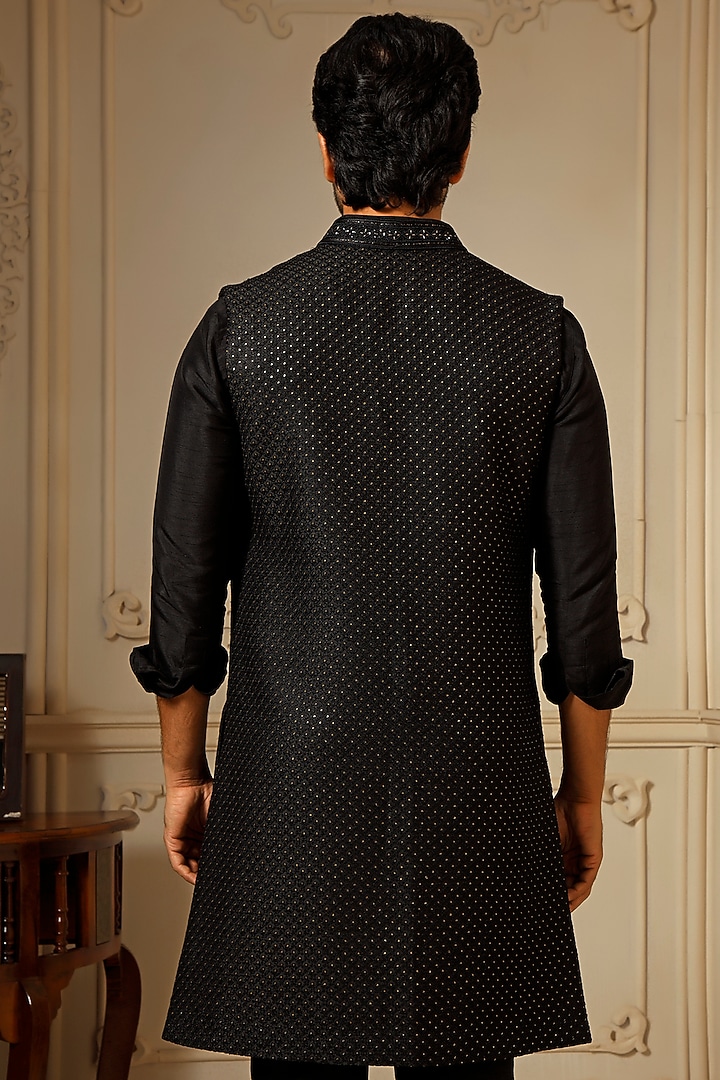 Black Soft Silk Resham Embroidered Wedding Indowestern Set by Vanshik at Pernia's Pop Up Shop