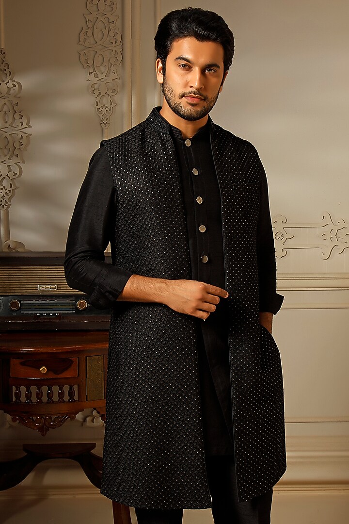 Black Soft Silk Resham Embroidered Wedding Indowestern Set by Vanshik at Pernia's Pop Up Shop