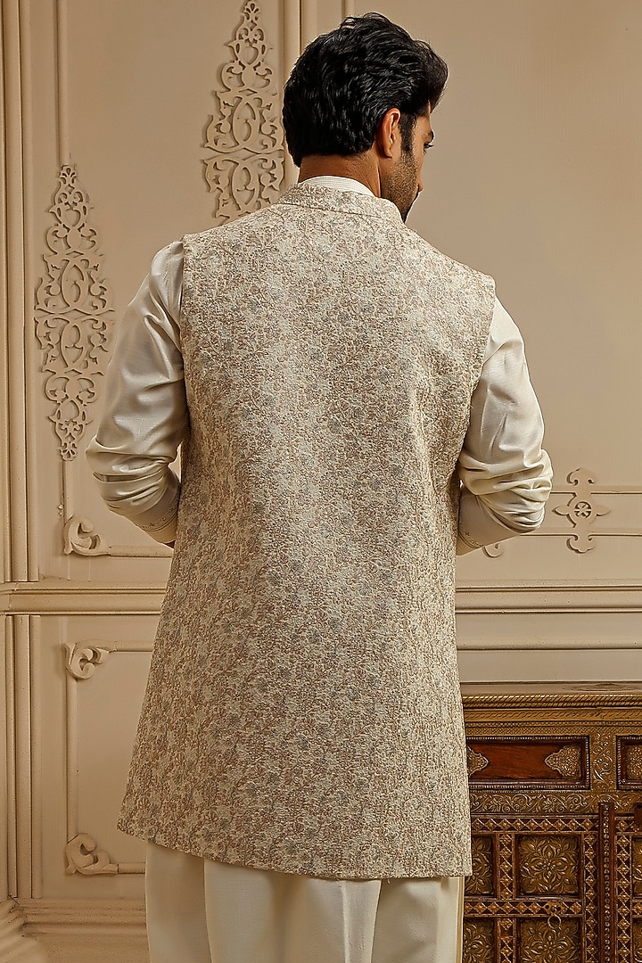 Pearl Tussar Silk Floral Embroidered Wedding Indowestern Set by Vanshik at Pernia's Pop Up Shop