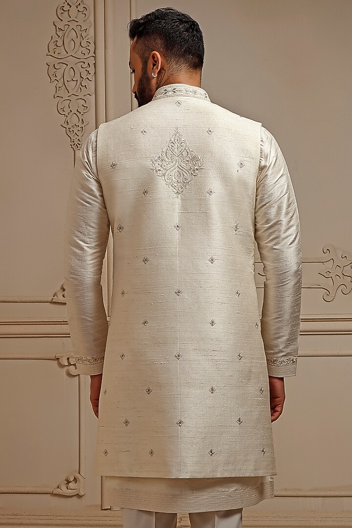 Pearl Raw Silk Resham Embroidered Wedding Indowestern Set by Vanshik at Pernia's Pop Up Shop