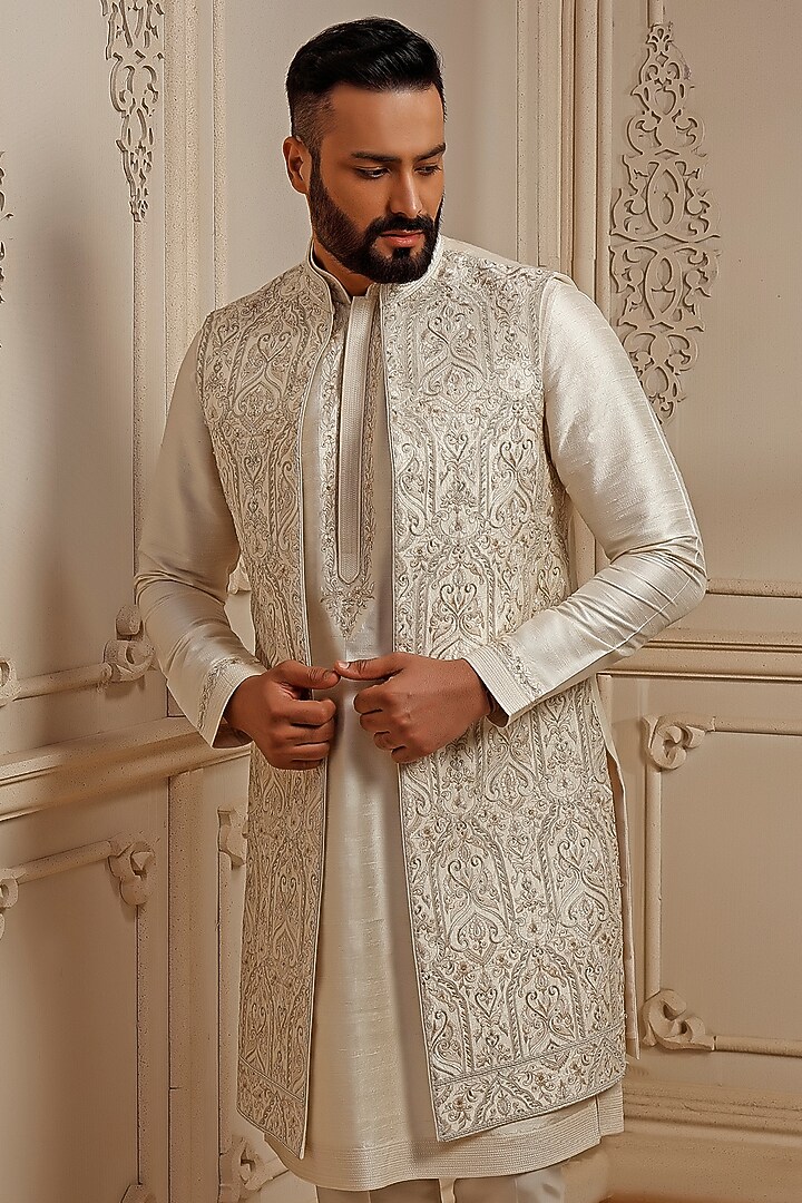Pearl Raw Silk Resham Embroidered Wedding Indowestern Set by Vanshik at Pernia's Pop Up Shop