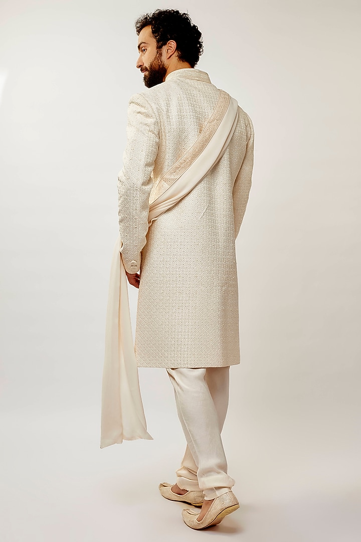 Ivory Pure Silk Digital Hand Embroidered Groom Sherwani Set by Vanshik at Pernia's Pop Up Shop