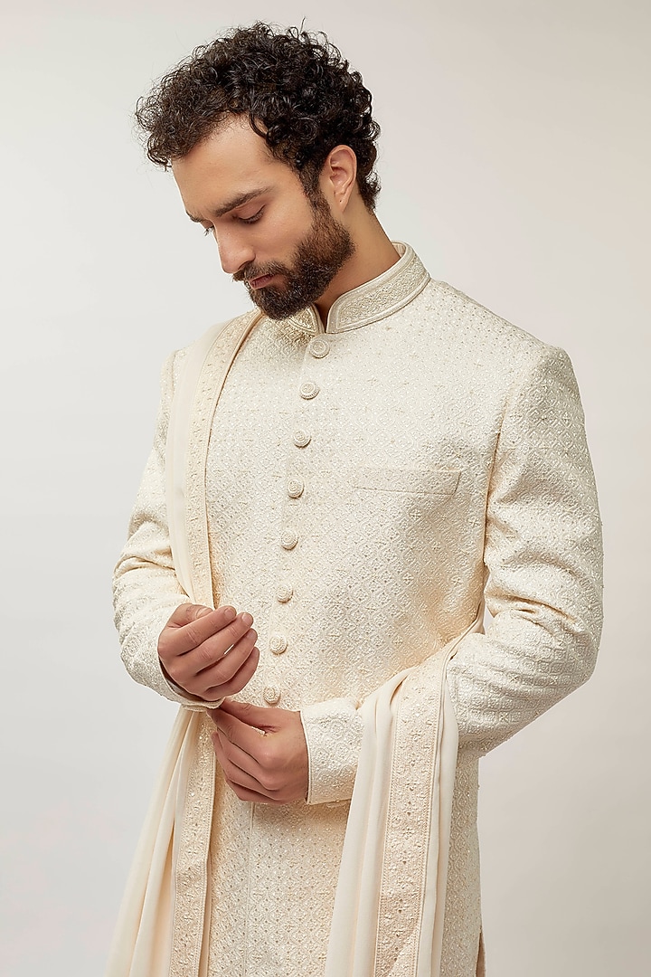 Ivory Pure Silk Digital Hand Embroidered Groom Sherwani Set by Vanshik at Pernia's Pop Up Shop