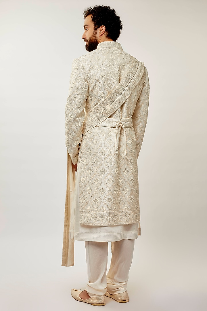 Pearl White Raw Silk Hand Embroidered Groom Sherwani Set by Vanshik at Pernia's Pop Up Shop
