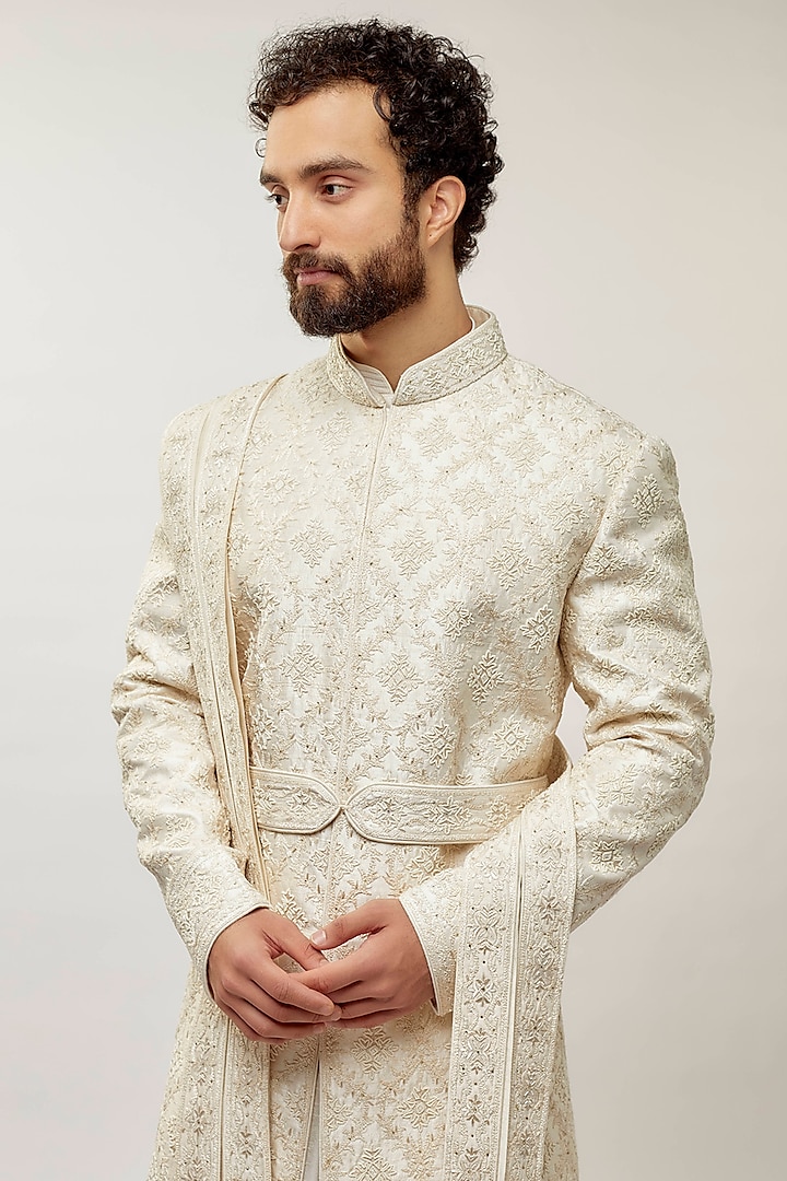 Pearl White Raw Silk Hand Embroidered Groom Sherwani Set by Vanshik at Pernia's Pop Up Shop