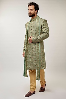 Mint Tussar Silk Hand Embroidered Sherwani Set by Vanshik-POPULAR PRODUCTS AT STORE