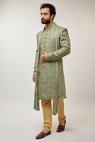 Mint Tussar Silk Hand Embroidered Sherwani Set by Vanshik