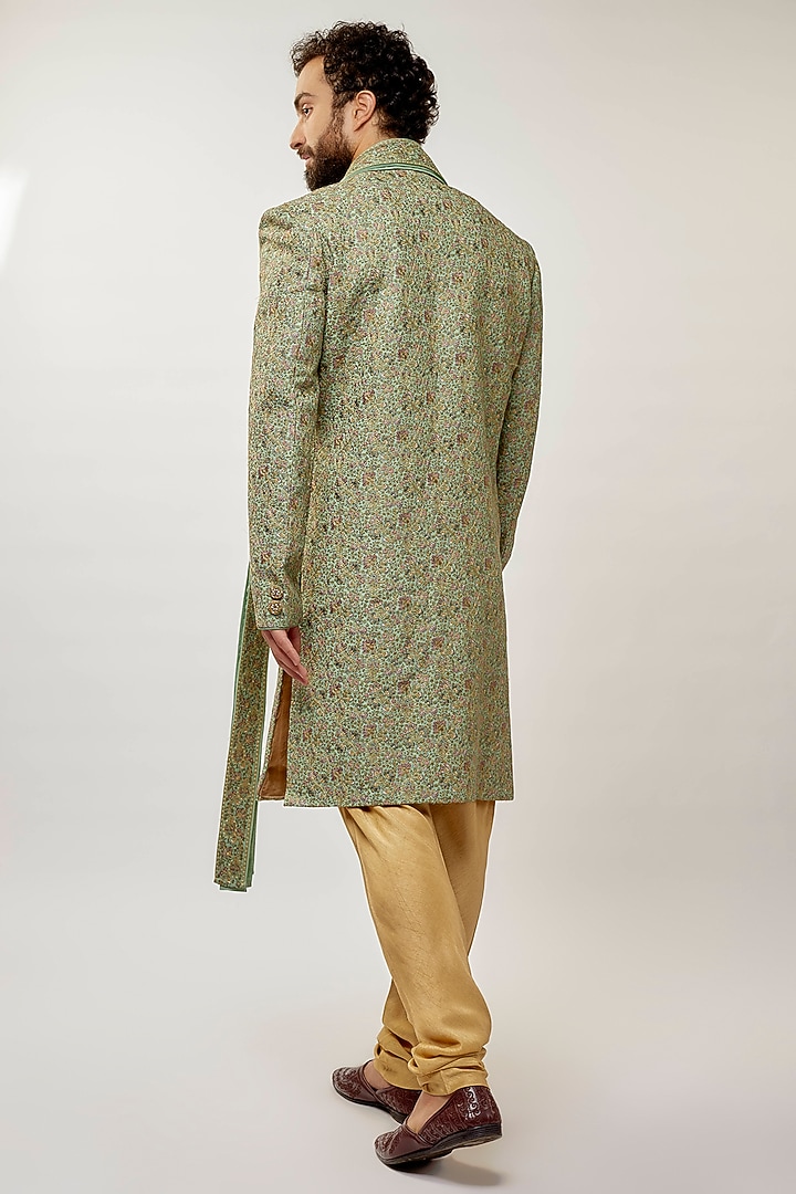 Mint Tussar Silk Hand Embroidered Groom Sherwani Set by Vanshik at Pernia's Pop Up Shop