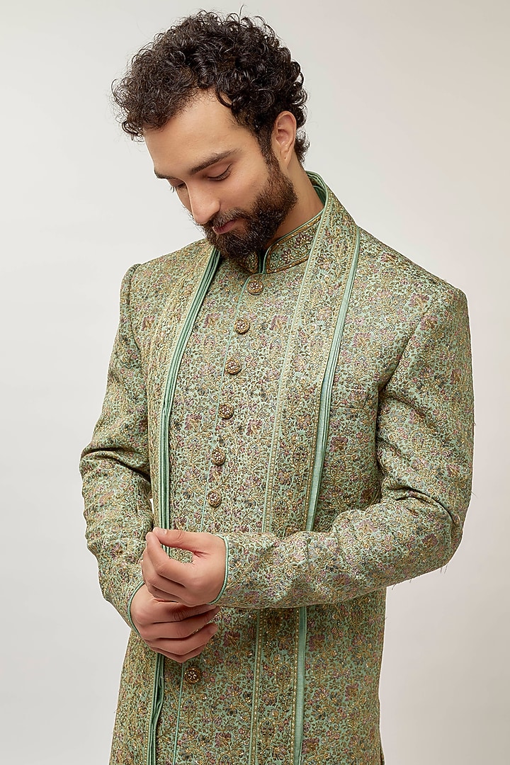Mint Tussar Silk Hand Embroidered Groom Sherwani Set by Vanshik at Pernia's Pop Up Shop