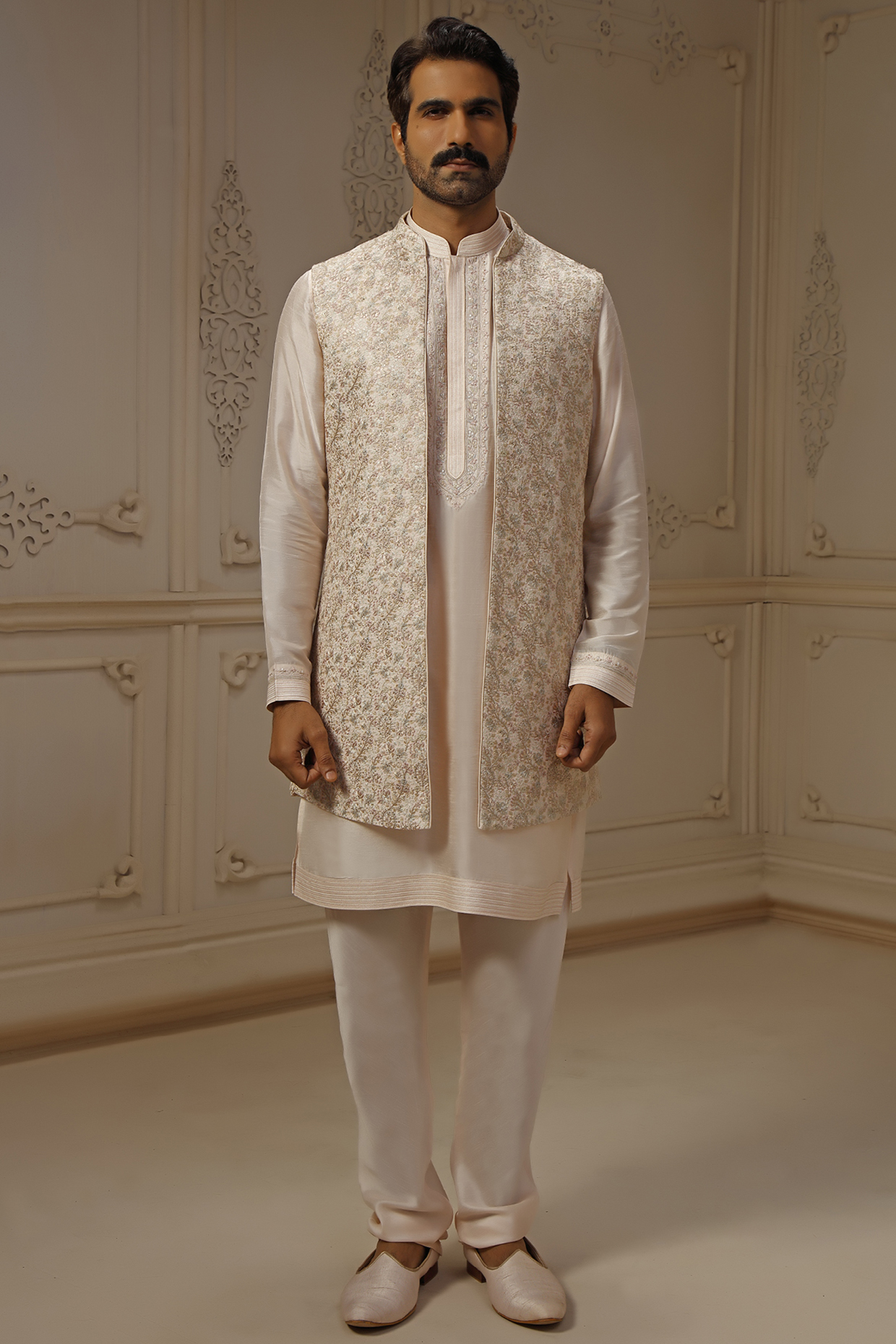 Blush Tussar Silk Floral Embroidered Indowestern Set by Vanshik