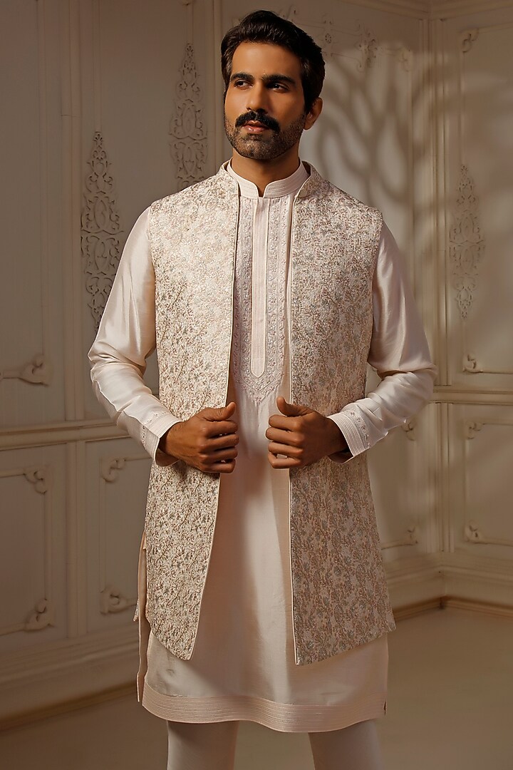 Blush Tussar Silk Floral Embroidered Wedding Indowestern Set by Vanshik at Pernia's Pop Up Shop