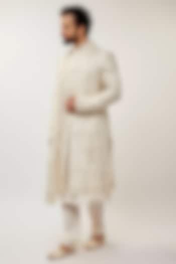 Ivory Pure Silk Pearl & Stone Embellished Sherwani Set by Vanshik