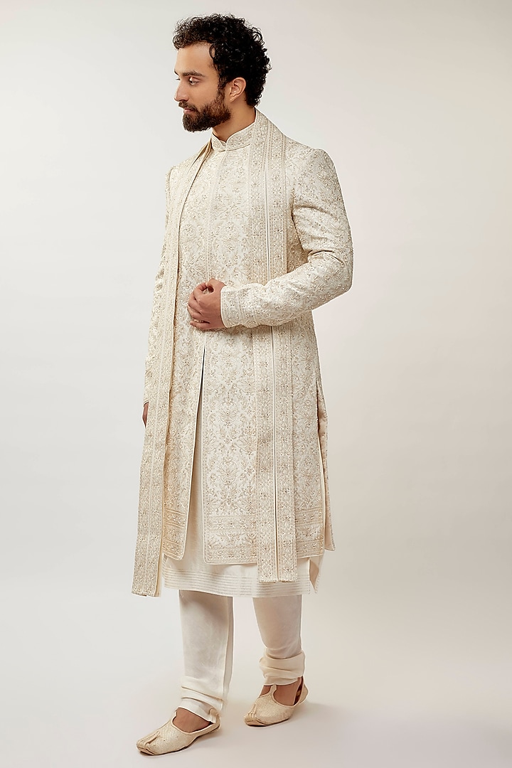 Ivory Pure Silk Pearl & Stone Embellished Sherwani Set by Vanshik