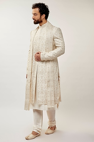 Ivory Pure Silk Pearl & Stone Embellished Sherwani Set by Vanshik