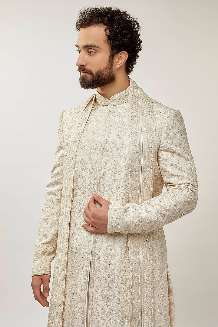 Ivory Pure Silk Pearl & Stone Embellished Groom Sherwani Set by Vanshik at Pernia's Pop Up Shop