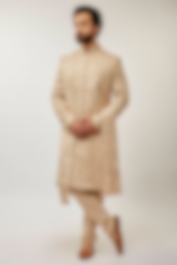 Champagne Pure Silk Swarovski & Crystals Embroidered Sherwani Set by Vanshik