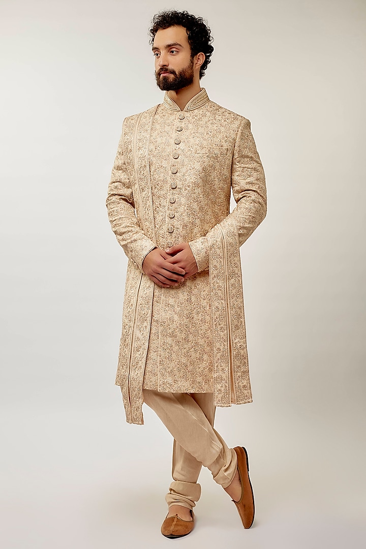 Champagne Pure Silk Swarovski & Crystals Embroidered Sherwani Set by Vanshik
