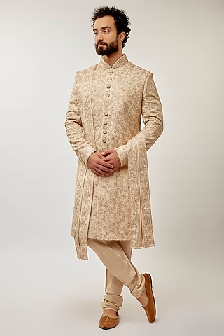Champagne Pure Silk Swarovski & Crystals Embroidered Sherwani Set by Vanshik