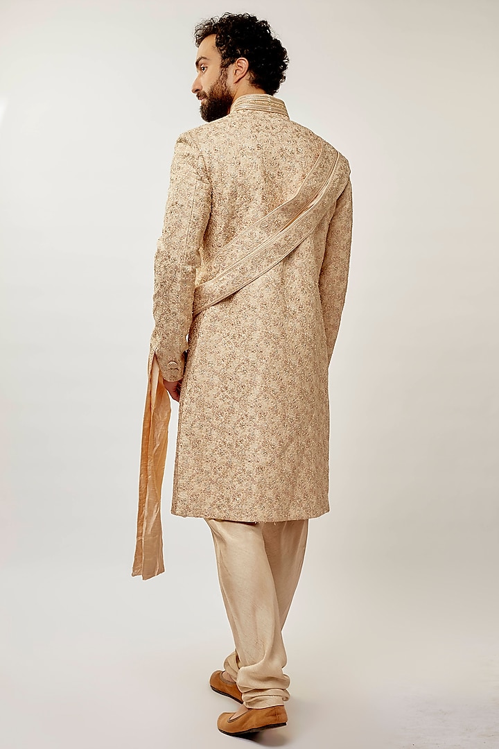Champagne Pure Silk Swarovski & Crystals Embroidered Groom Sherwani Set by Vanshik at Pernia's Pop Up Shop