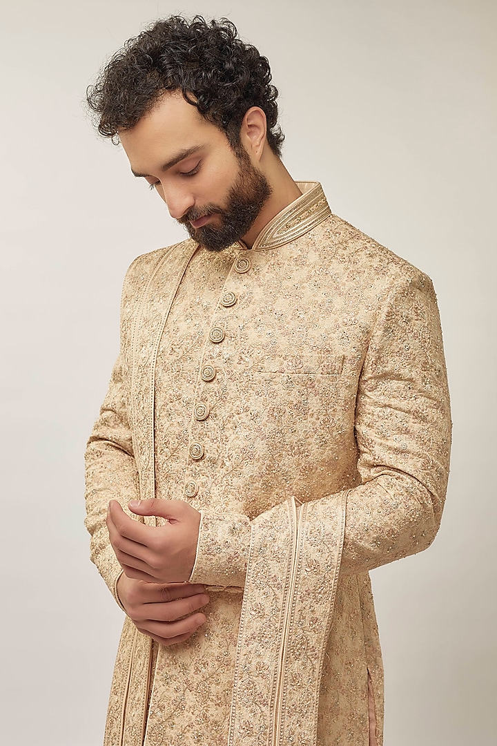 Champagne Pure Silk Swarovski & Crystals Embroidered Groom Sherwani Set by Vanshik at Pernia's Pop Up Shop