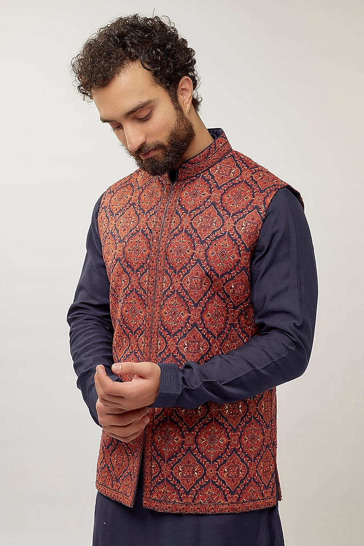 Maroon Silk Kashmiri Work Bundi Set by Vanshik at Pernia's Pop Up Shop