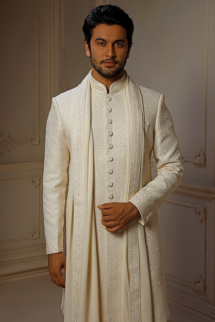 Pearl Dupion Silk Sequins Embroidered Groom Sherwani Set by Vanshik at Pernia's Pop Up Shop