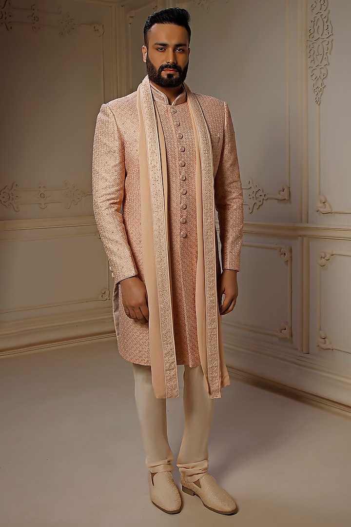 Peach Dupion Silk Sequins Embroidered Sherwani Set by Vanshik