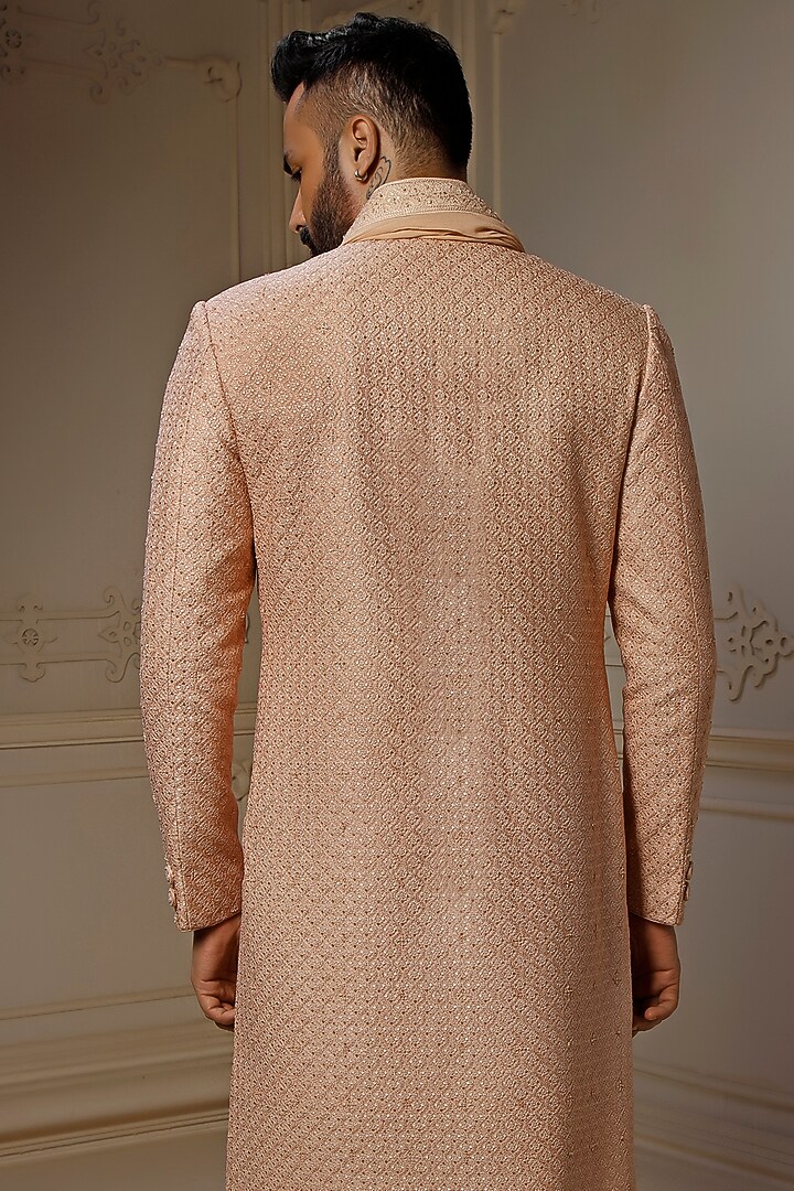 Peach Dupion Silk Sequins Embroidered Groom Sherwani Set by Vanshik at Pernia's Pop Up Shop