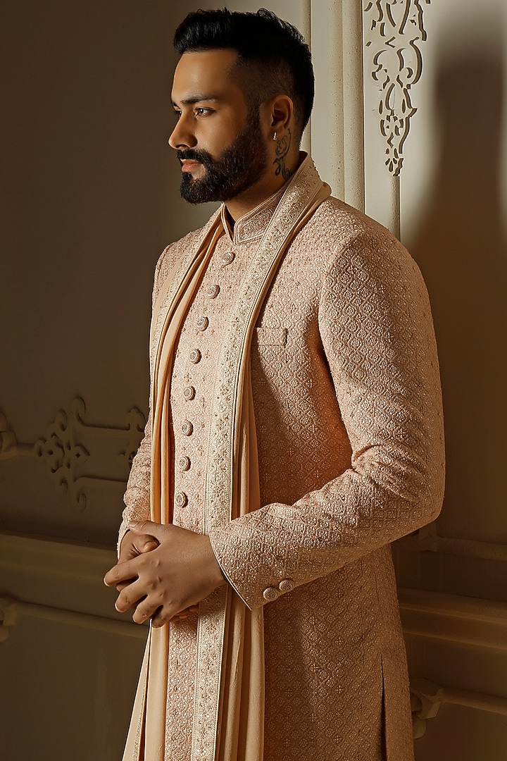 Peach Dupion Silk Sequins Embroidered Groom Sherwani Set by Vanshik at Pernia's Pop Up Shop