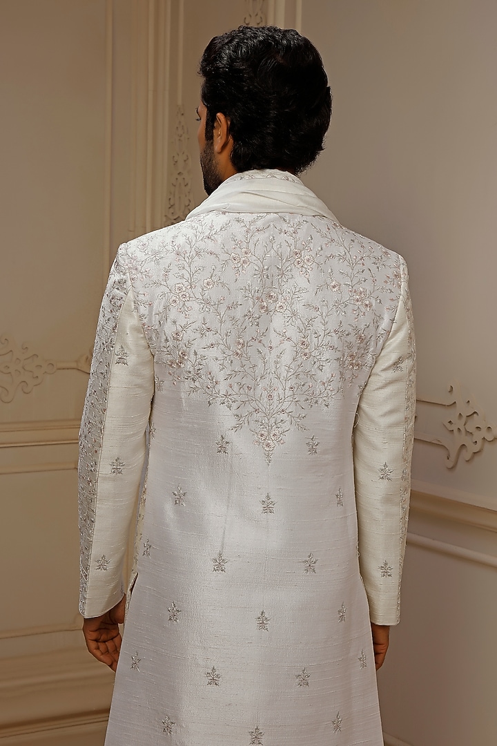 Ivory Dupion Silk Floral Embroidered Groom Sherwani Set by Vanshik at Pernia's Pop Up Shop