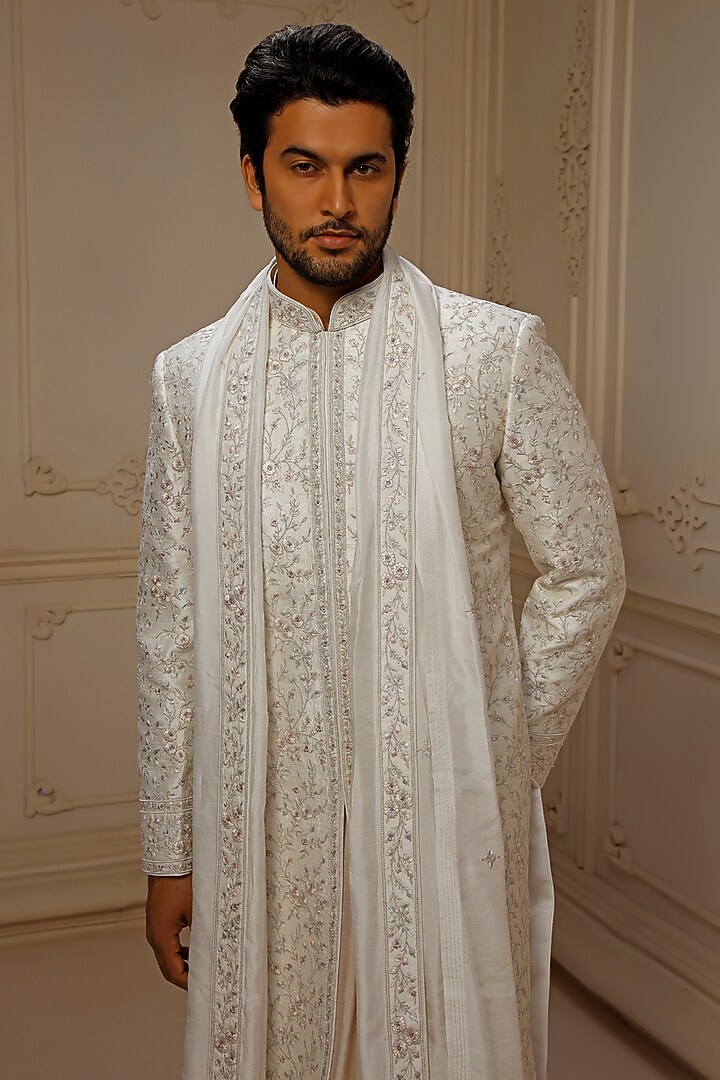 Ivory Dupion Silk Floral Embroidered Groom Sherwani Set by Vanshik at Pernia's Pop Up Shop
