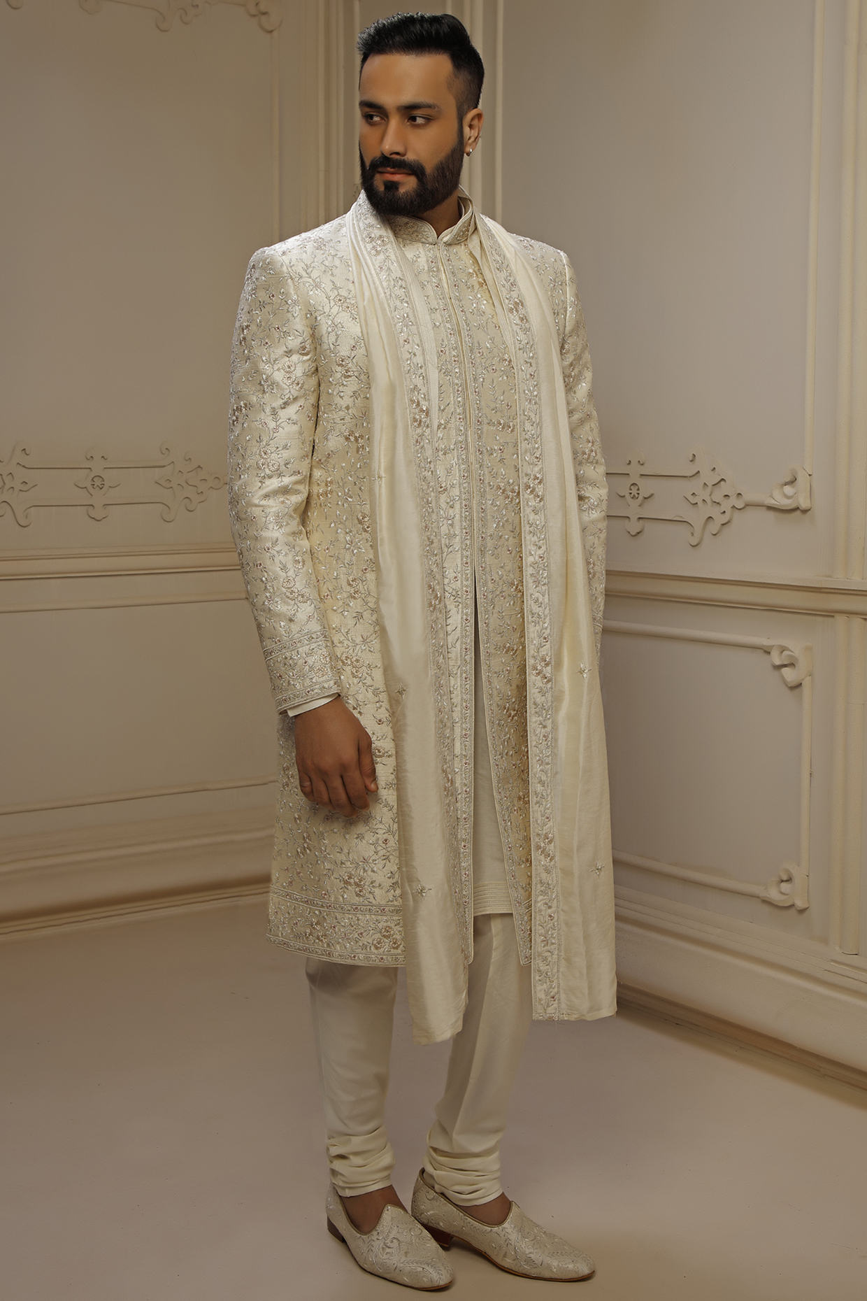 Pearl Dupion Silk Floral Embroidered Sherwani Set by Vanshik