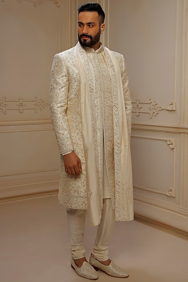 Pearl Dupion Silk Floral Embroidered Sherwani Set by Vanshik