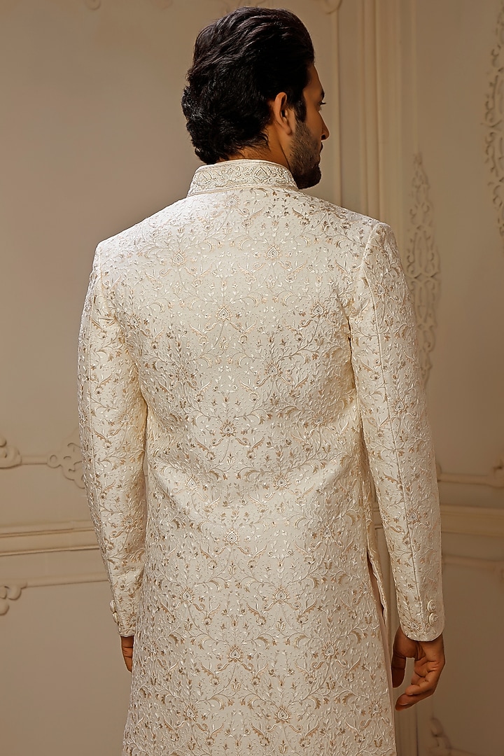 Pearl Dupion Silk Digital Embroidered Groom Sherwani Set by Vanshik at Pernia's Pop Up Shop